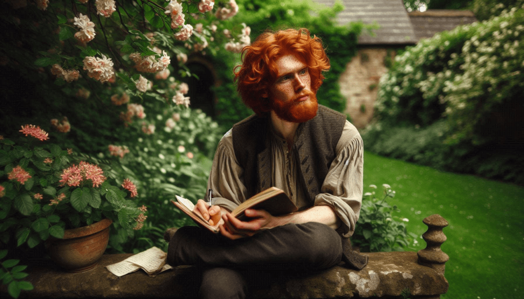 A red-haired Irishman in a garden writing poetry