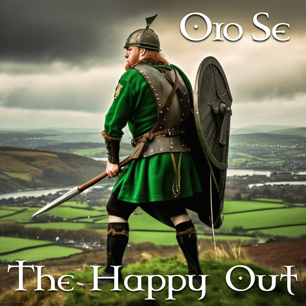 Irish warrior overlooking land against a leaden sky